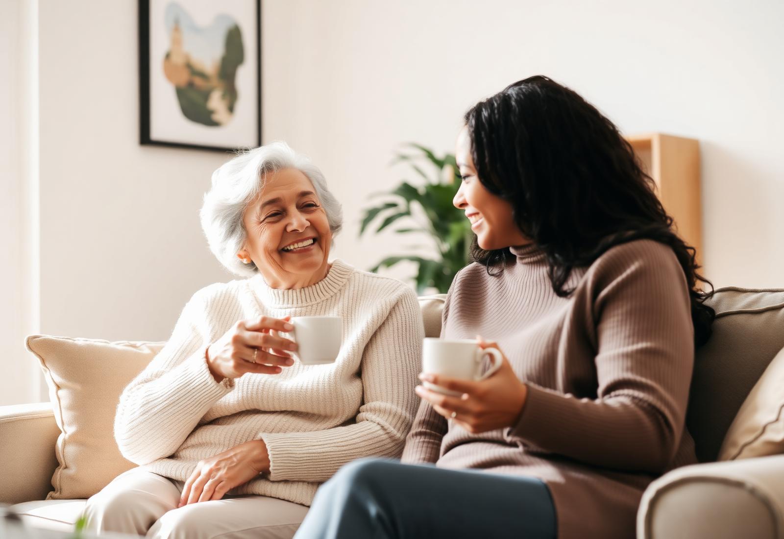Caregiver sharing a warm moment with a smiling senior woman over tea